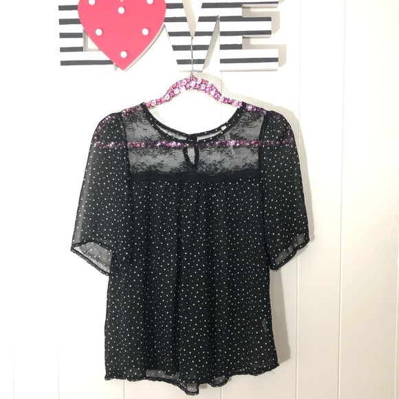 Anthropologie Tops - PAPER CRANE Sheer Polka Dot with Lace Top Blouse